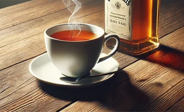 бутылка алкоголя на столе рядом с чаем
